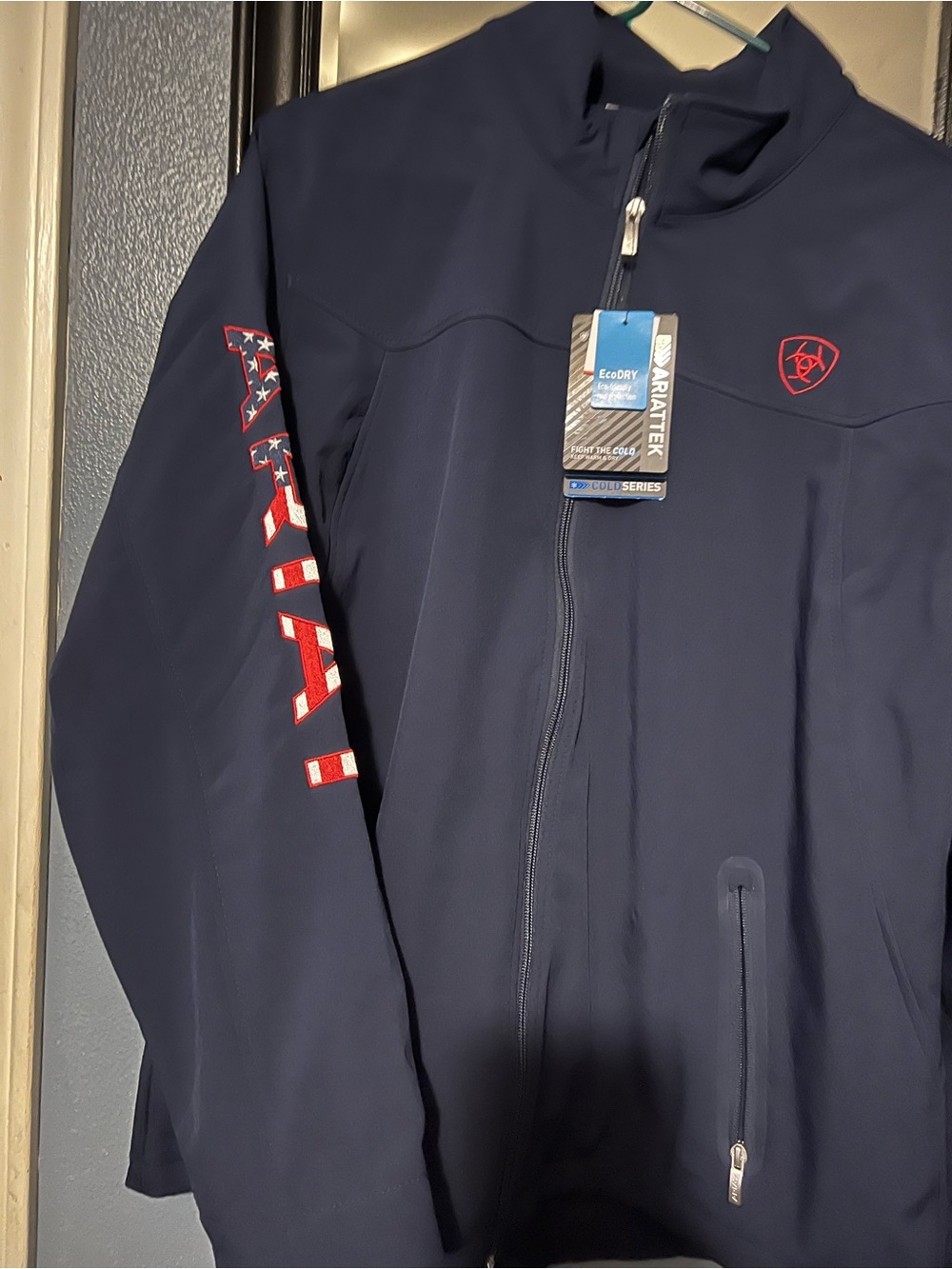 Ariat Navy Softshell Jacket with Red Patriotic Sleeve Accent